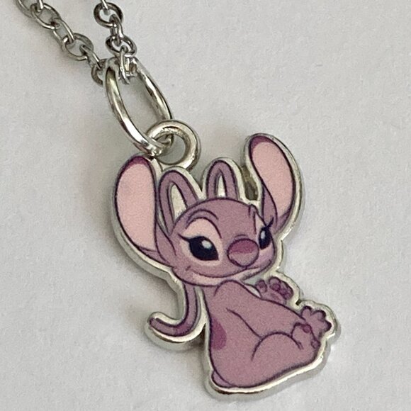 Vintage Disney Angel Lilo & Stitch Charm Necklace 18" Signed Ohana Girlfriend - Picture 7 of 9